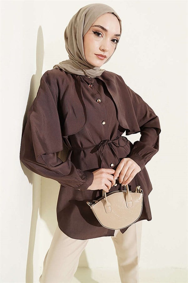 Drawstring Sleeve Cape Shirt Dark Brown