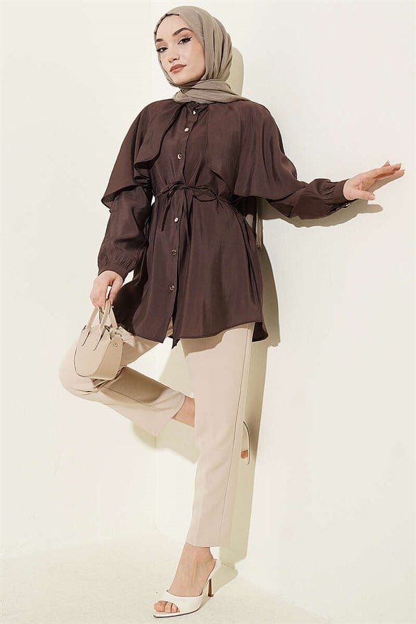 Drawstring Sleeve Cape Shirt Dark Brown