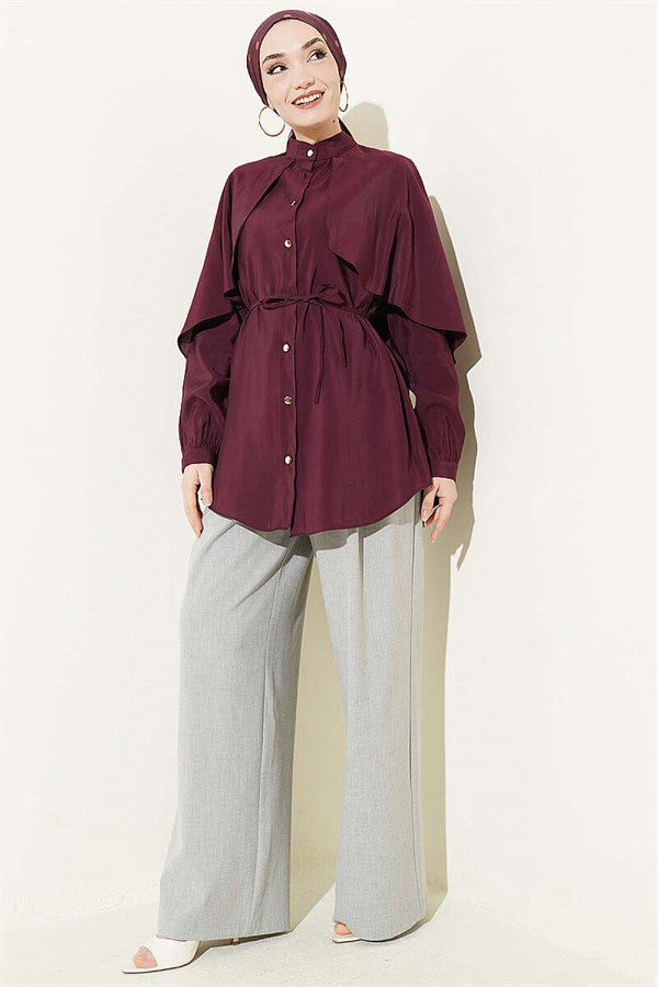 Burgundy Shirt with Drawstring Sleeves and Cape