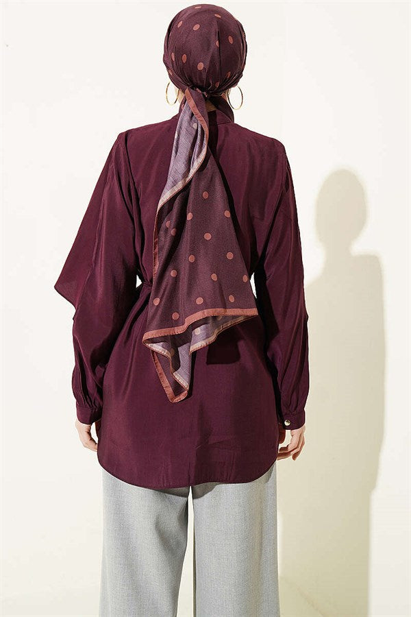 Burgundy Shirt with Drawstring Sleeves and Cape