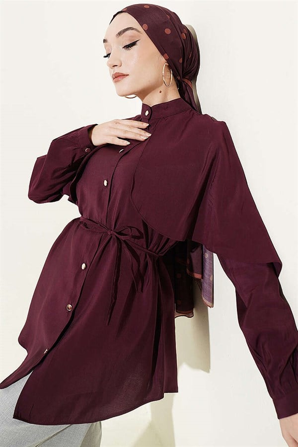 Burgundy Shirt with Drawstring Sleeves and Cape