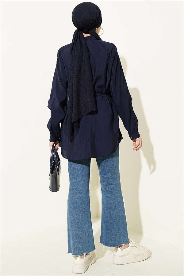 Navy Blue Shirt with Drawstring Sleeves and Cape