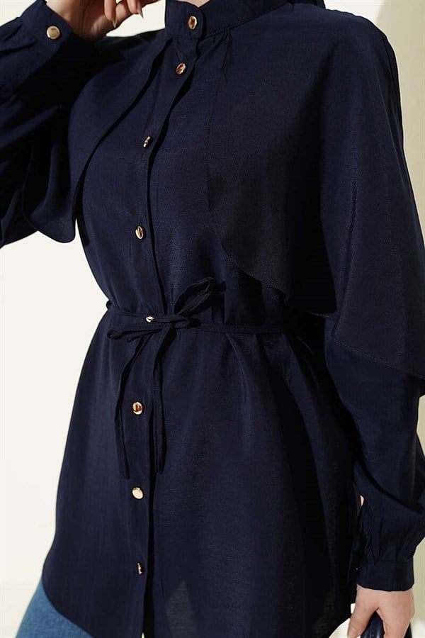 Navy Blue Shirt with Drawstring Sleeves and Cape