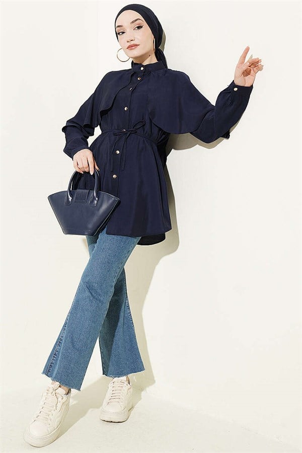 Navy Blue Shirt with Drawstring Sleeves and Cape