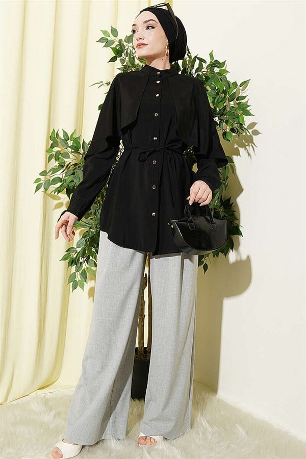 Black Shirt with Drawstring Sleeve Cape