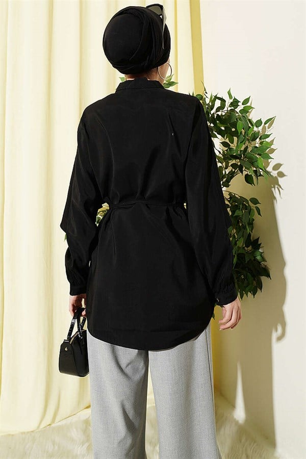 Black Shirt with Drawstring Sleeve Cape