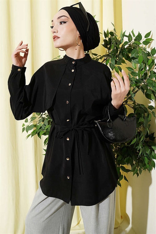 Black Shirt with Drawstring Sleeve Cape