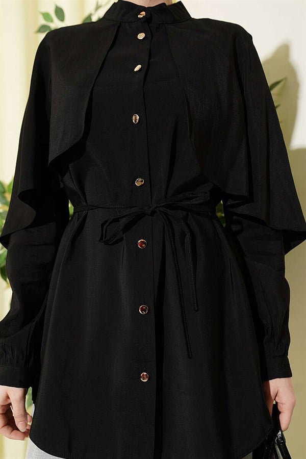 Black Shirt with Drawstring Sleeve Cape