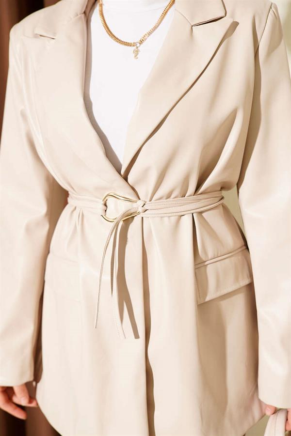 Double-Breasted Leather Jacket with Rope Belt, Beige