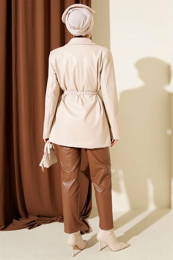 Double-Breasted Leather Jacket with Rope Belt, Beige
