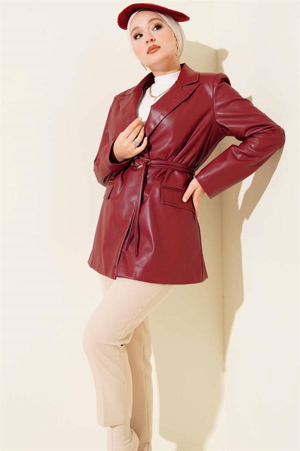 Double-Breasted Leather Jacket with Rope Belt, Burgundy