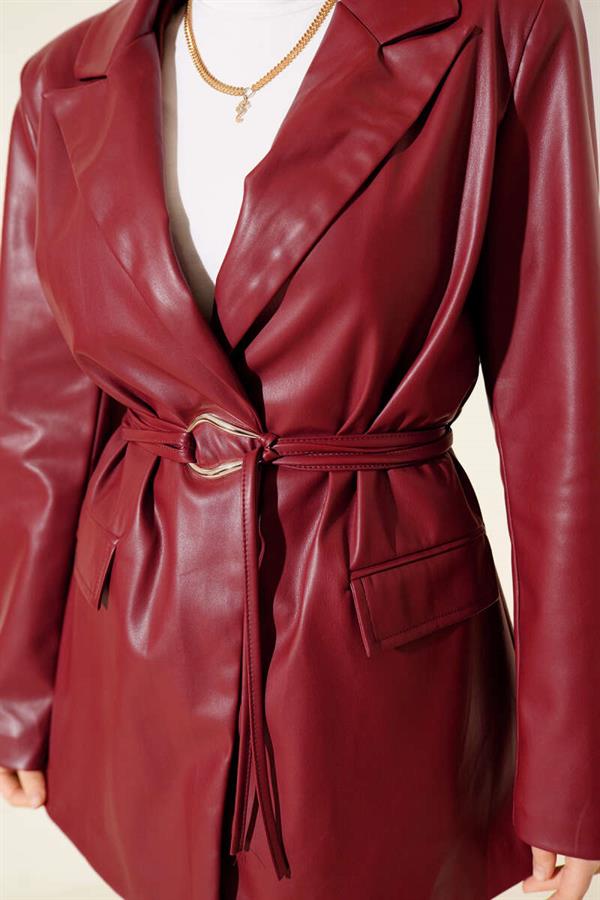 Double-Breasted Leather Jacket with Rope Belt, Burgundy