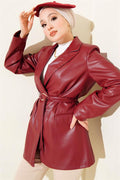 Double-Breasted Leather Jacket with Rope Belt, Burgundy