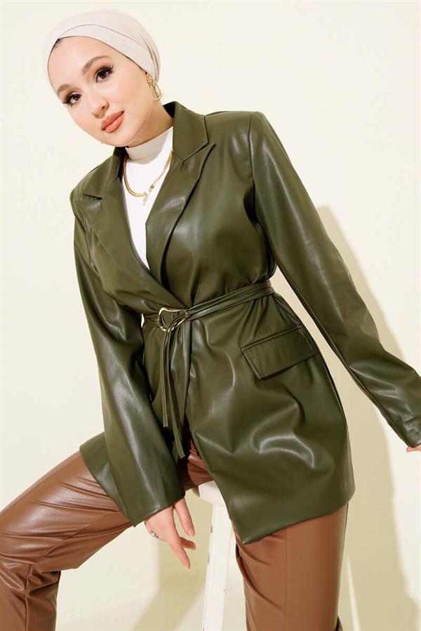 Double-Breasted Leather Jacket with Rope Belt Khaki