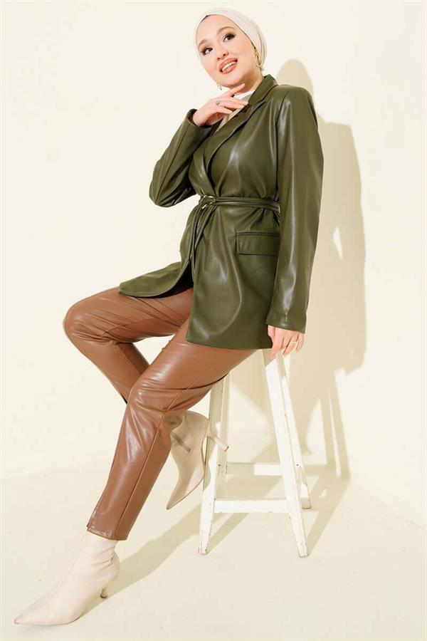Double-Breasted Leather Jacket with Rope Belt Khaki
