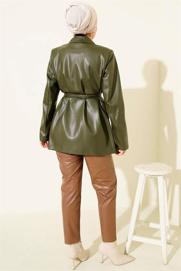 Double-Breasted Leather Jacket with Rope Belt Khaki