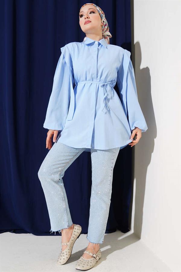 Rope Belted Shoulder Cape Shirt Baby Blue