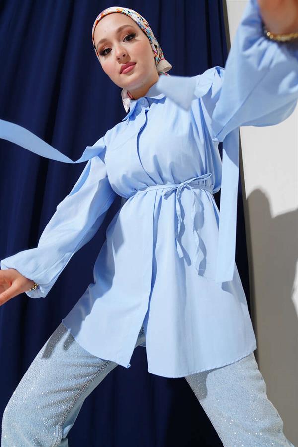 Rope Belted Shoulder Cape Shirt Baby Blue