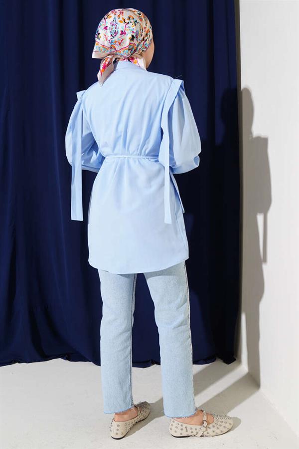 Rope Belted Shoulder Cape Shirt Baby Blue