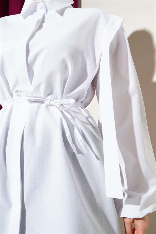 Rope Belted Shoulder Cape Shirt White
