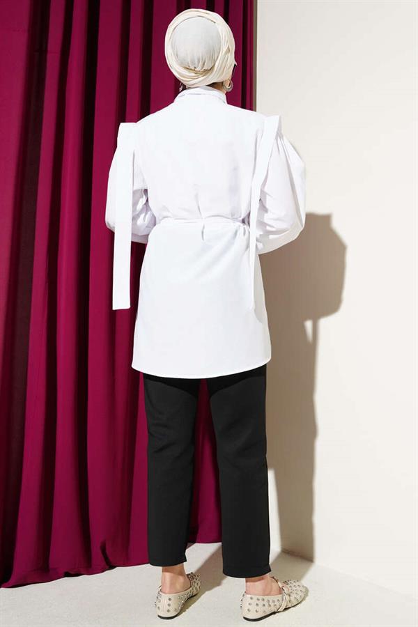 Rope Belted Shoulder Cape Shirt White