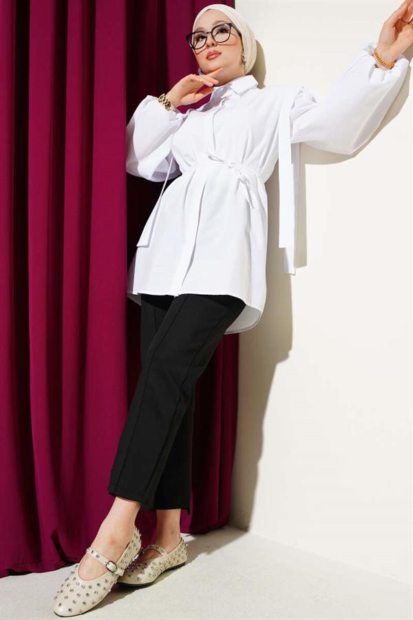 Rope Belted Shoulder Cape Shirt White