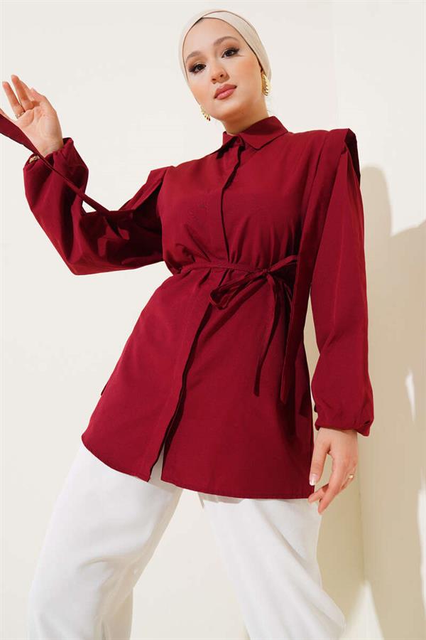 Rope Belted Shoulder Cape Shirt Burgundy