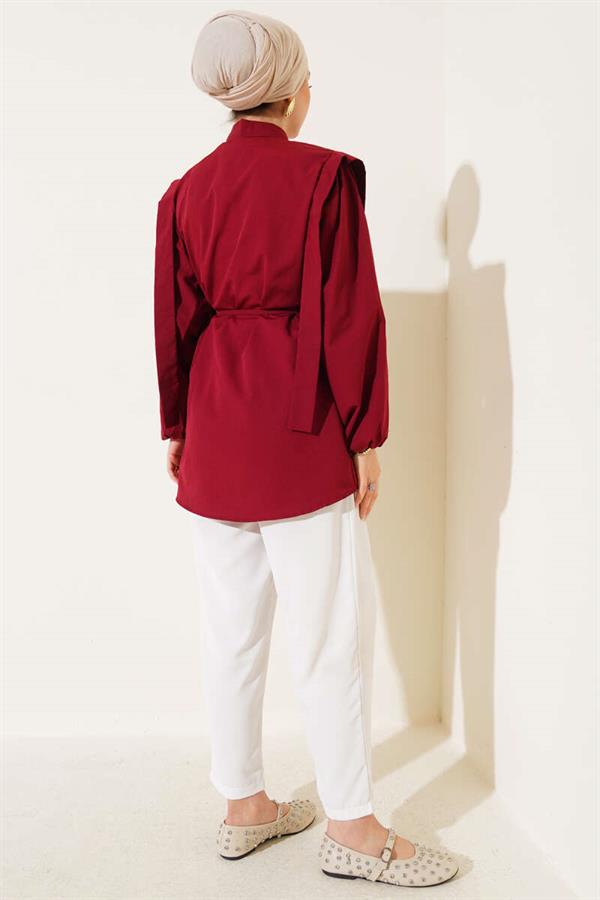 Rope Belted Shoulder Cape Shirt Burgundy
