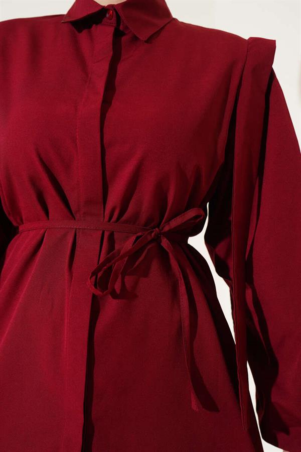 Rope Belted Shoulder Cape Shirt Burgundy
