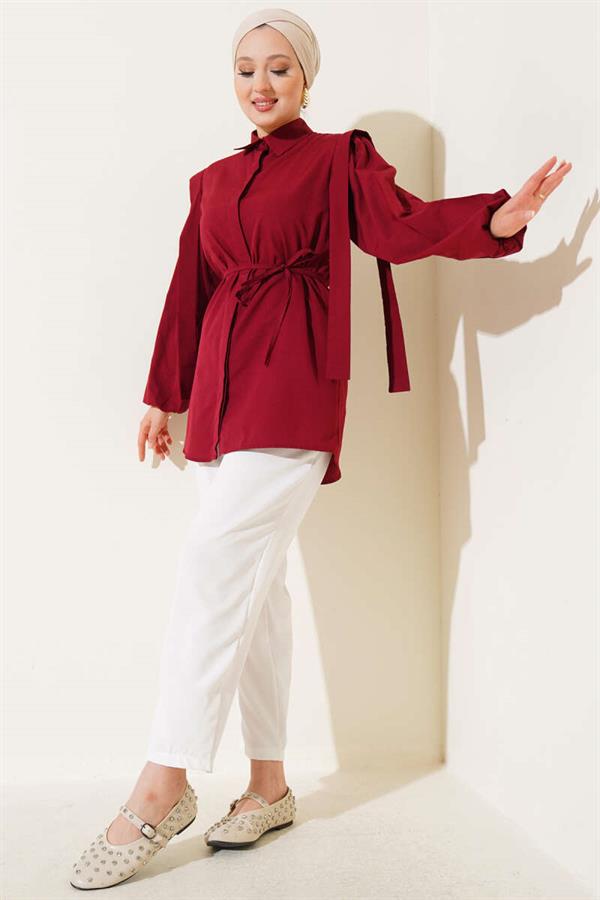 Rope Belted Shoulder Cape Shirt Burgundy