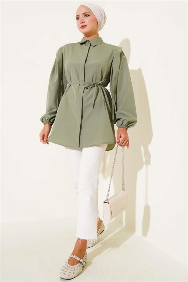 Rope Belted Shoulder Cape Shirt in Almond Green