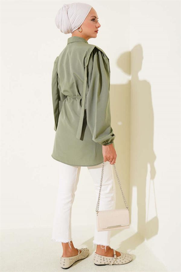 Rope Belted Shoulder Cape Shirt in Almond Green