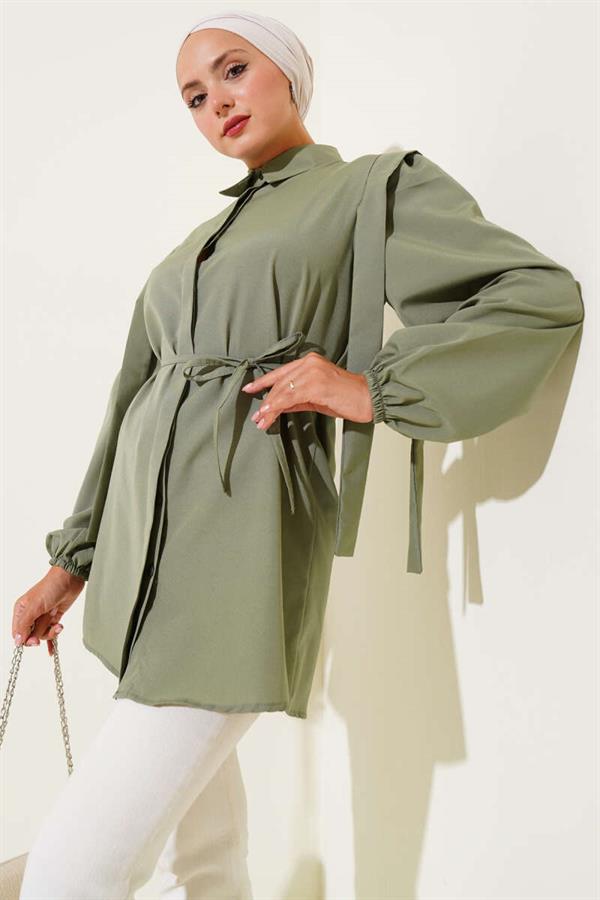Rope Belted Shoulder Cape Shirt in Almond Green