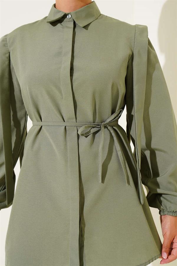 Rope Belted Shoulder Cape Shirt in Almond Green