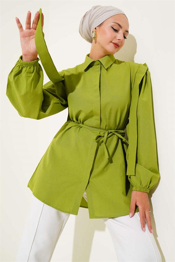 Rope Belted Shoulder Cape Shirt Pistachio Green