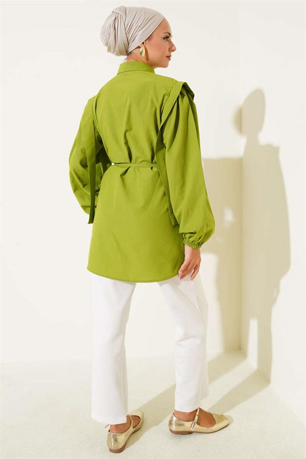Rope Belted Shoulder Cape Shirt Pistachio Green