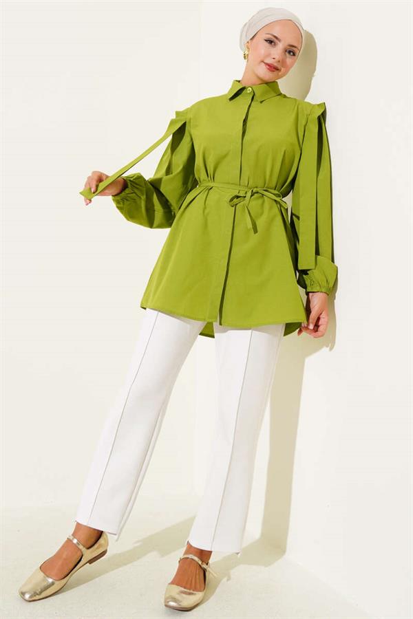 Rope Belted Shoulder Cape Shirt Pistachio Green