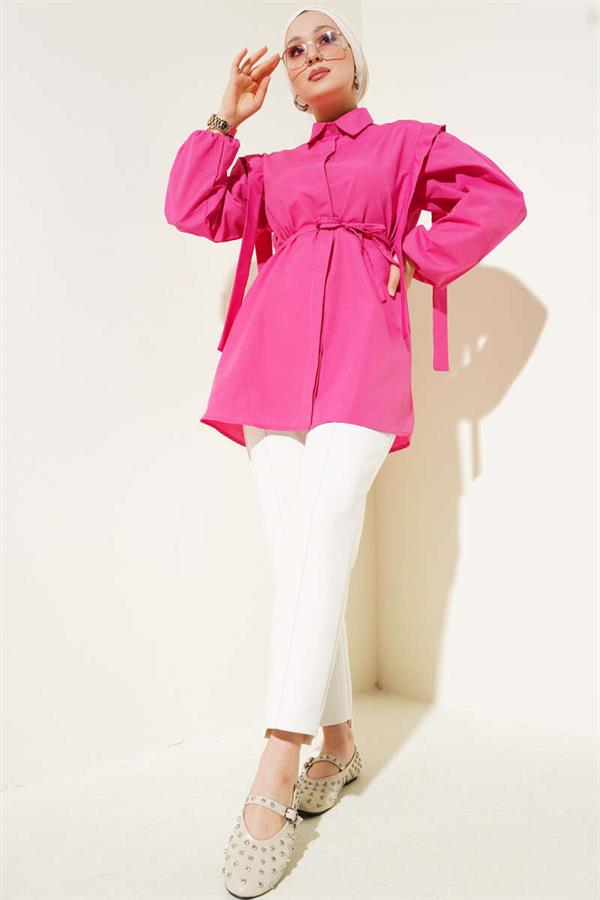 Rope Belted Shoulder Cape Shirt Fuchsia