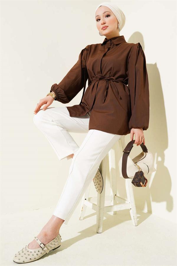 Rope Belted Shoulder Cape Shirt Brown