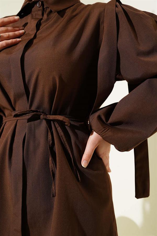 Rope Belted Shoulder Cape Shirt Brown