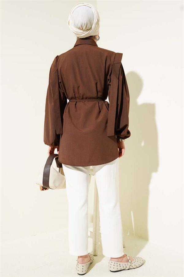 Rope Belted Shoulder Cape Shirt Brown