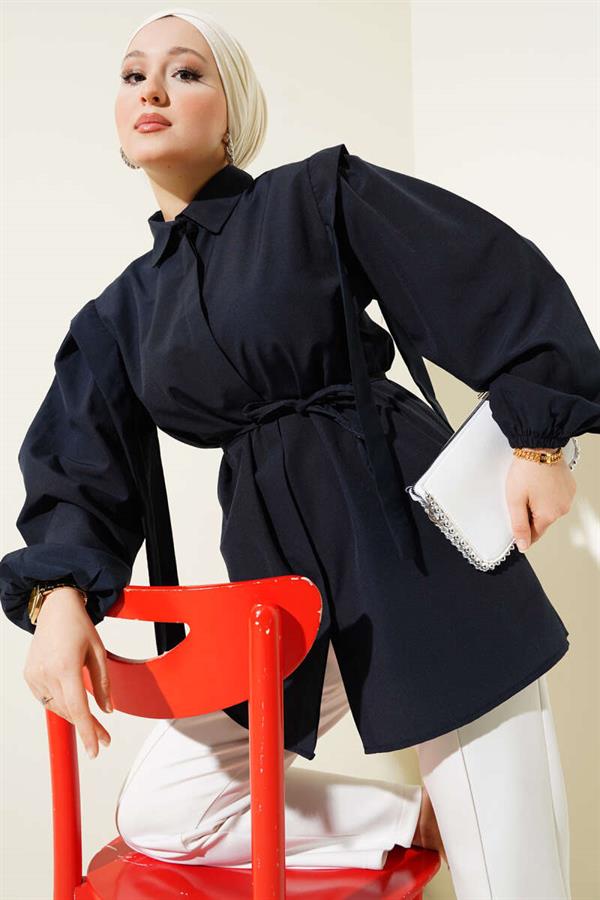 Rope Belted Shoulder Cape Shirt Navy Blue