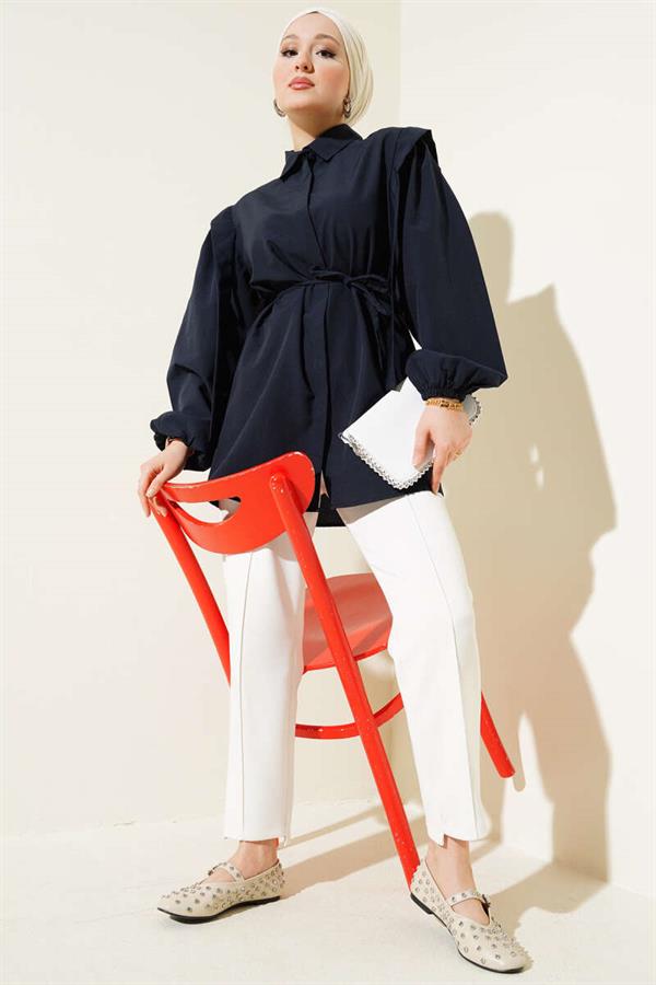 Rope Belted Shoulder Cape Shirt Navy Blue