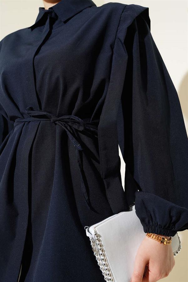 Rope Belted Shoulder Cape Shirt Navy Blue