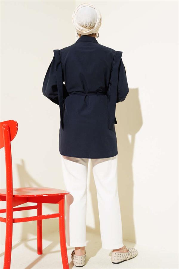 Rope Belted Shoulder Cape Shirt Navy Blue