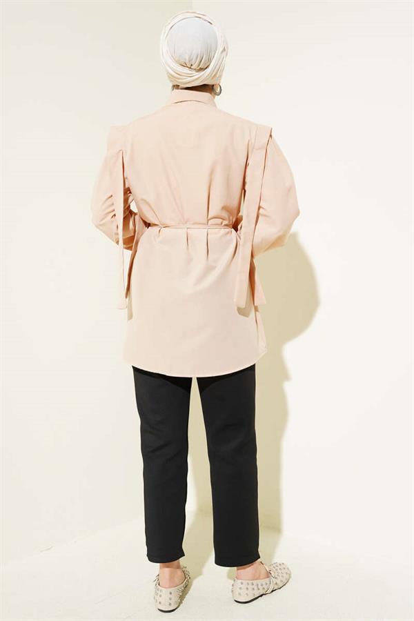Rope Belted Shoulder Cape Shirt Latte