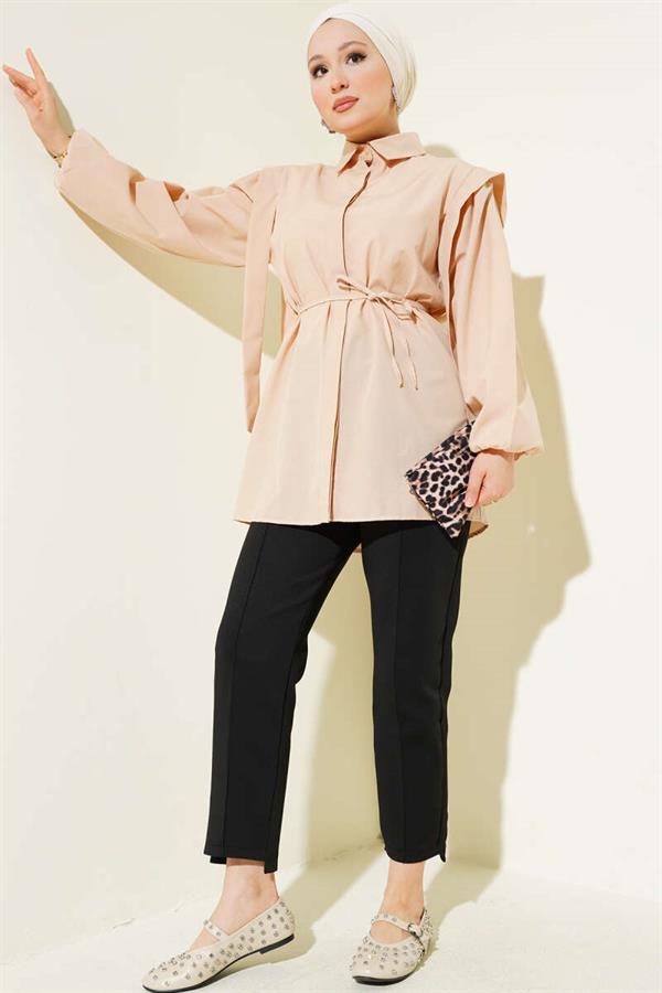 Rope Belted Shoulder Cape Shirt Latte