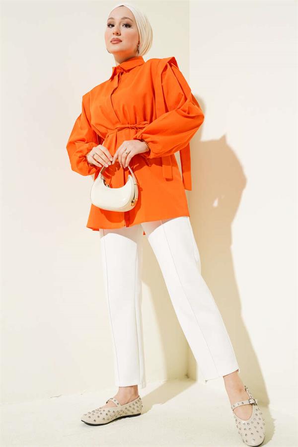 Rope Belted Shoulder Cape Shirt Orange