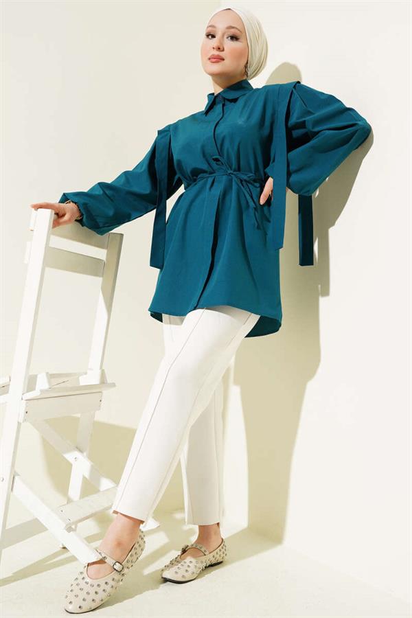 Rope Belted Shoulder Cape Shirt Petrol