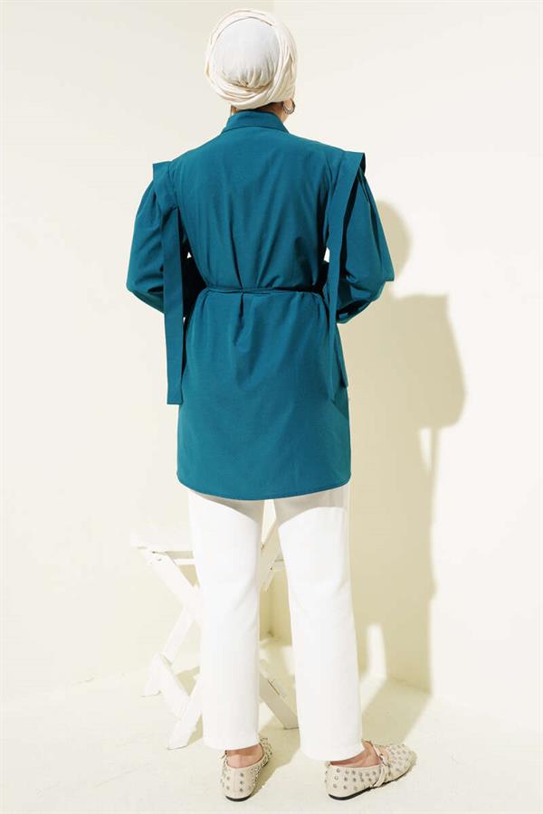 Rope Belted Shoulder Cape Shirt Petrol
